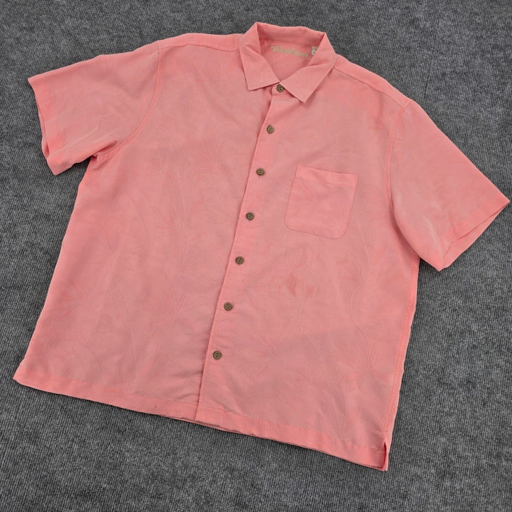 Caribbean Mens XL Pink Tropical Leaf Jacquard Modal Blend Short Sleeve Shirt